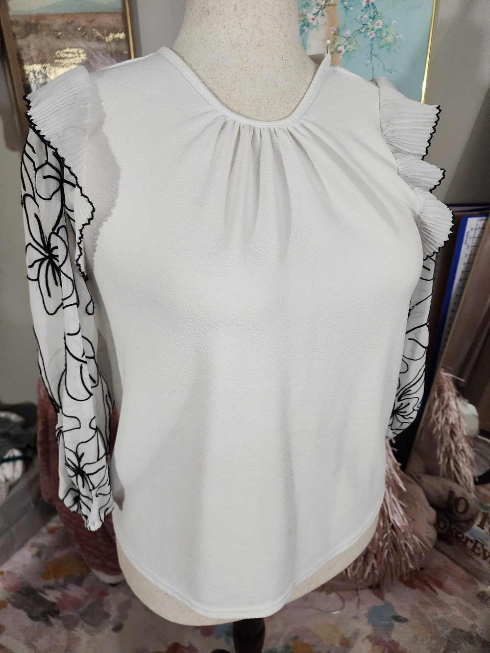 Alice Blue White Blouse with Black &White Floral Sleeves